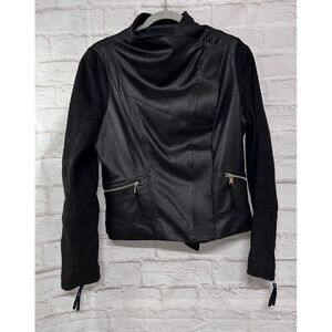 C. LUCE Black and‎ Gold Asymmetric Zip-Up MOTO JACKET with Cowl Neck